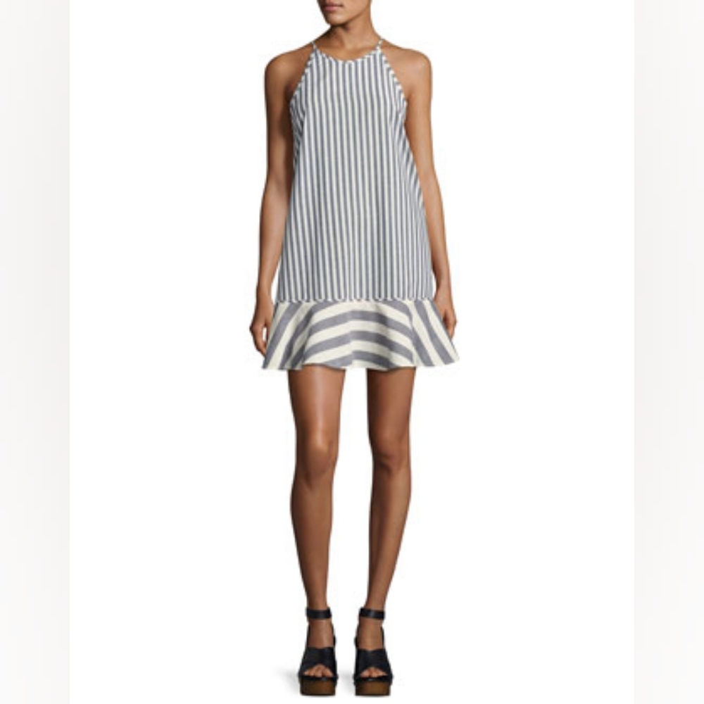 Nicholas Santorini Linen Striped Ruffle Bottom Shift Dress White 2 NWT Coastal